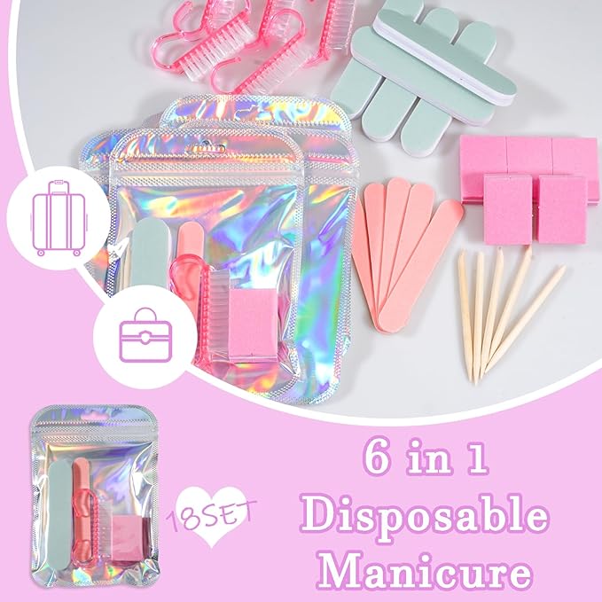 Disposable Manicure Kit Professional, 18 Set Press On Nail Tool Kit with Nail File, Nail Buffer, Nail Buffer Block, Nail Handle Brush, Wood Stick, Packaging Bag (Pink)
