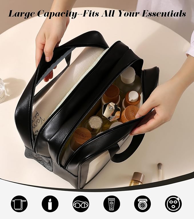 Large Travel Toiletry Bag with Dry Wet Separation–Waterproof Wash Bag for Man and Women, Clear & Matte shower bag for Gym, Overnight, Swimming, and Business Trips (Black)