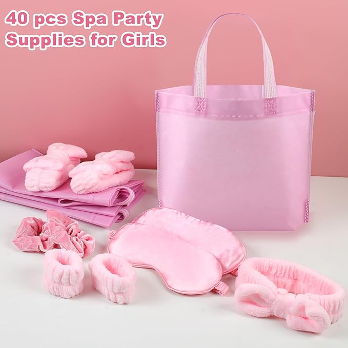 48 Pcs Sleepover Supplies for Girls Skincare Headband and Wristband Set Eye Mask Hair Scrunchie Tote Bag Spa Party Supplies Sleeping Stuff Accessories for Slumber Spa Party Favors Gift