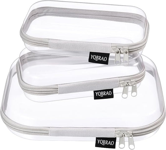 YQBRAO 3-Pack Clear Hard Shell Zipper Case - Grey Edition, 1.2mm Heavy-Duty Crush-Proof Travel Makeup Bag, TSA Approved Clear Zipper Pouches, Rigid Diaper Bag Organizer for Tech & Daily Essentials