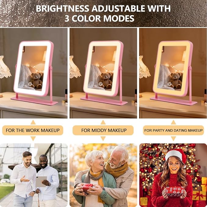 YEKKOPT Portable Desk Vanity Mirror with Lights,11"×9" Small Pink Rechargeable Makeup Mirror with Lights,Smart Touch Screen with 3-Color Lighting,Dimmable,for Dorm Tabletop,Bedroom,Decor