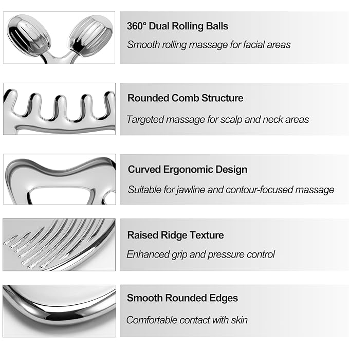 Gua Sha Facial Tools & Face Roller Set, Stainless Steel Facial Massager Tools for Lymphatic Drainage & Face Sculpting, Textured Guasha for Better Grip, Double Chin Reducer, Skincare Gift for Women