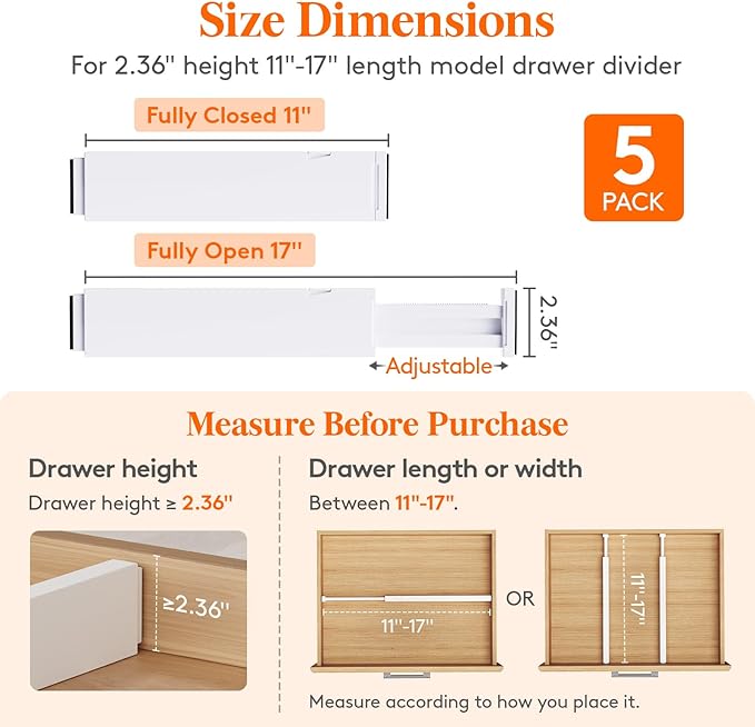Lifewit 5 Pack Clothes Drawer Dividers 2.36" High, 11"-17" Adjustable Drawer Organizer for Clothing/Makeup, Plastic Expandable Separators in Kitchen/Dresser/Bathroom/Office Organization & Storage