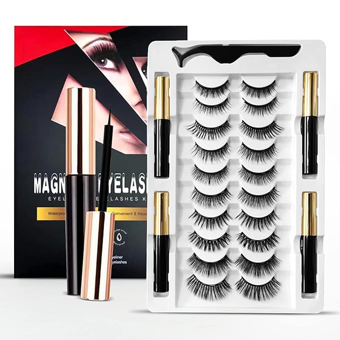 Magnetic Eyelashes, Magnetic Eyelashes Natural Look, 10 Pairs Reusable Eye Lashes 4 Tubes of Eyeliner with Tweezer
