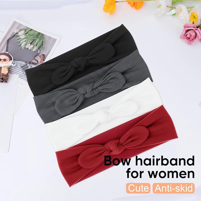 DRESHOW 4 Pack Headbands for Women Bow Knotted Hair Band Facial Cloth Rabbit Ears Running Sport Elastic Hair Wrap
