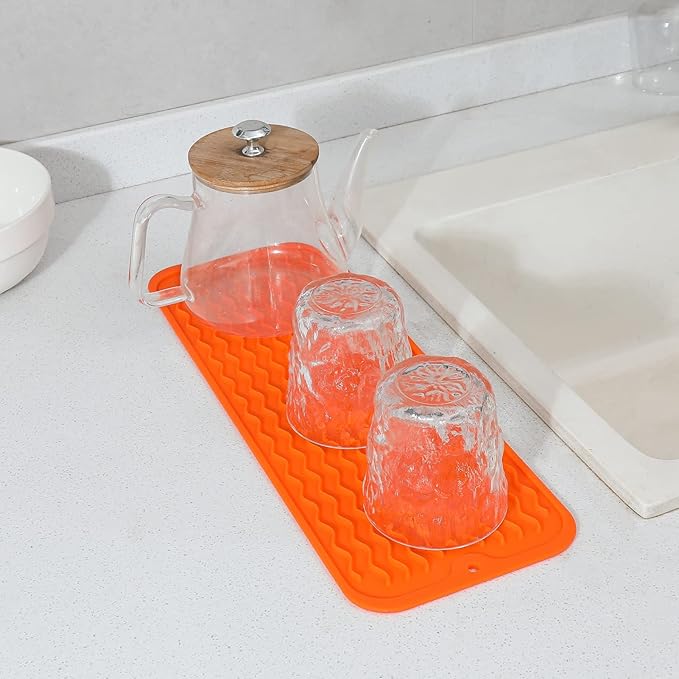 Silicone Dish Drying Mat for Multiple Usage,Easy clean,Eco-friendly,Heat-resistant Silicone Mat for Kitchen Counter,Sink,Bar,Bottle,or Cup Orange M 17 inches x 6 inches