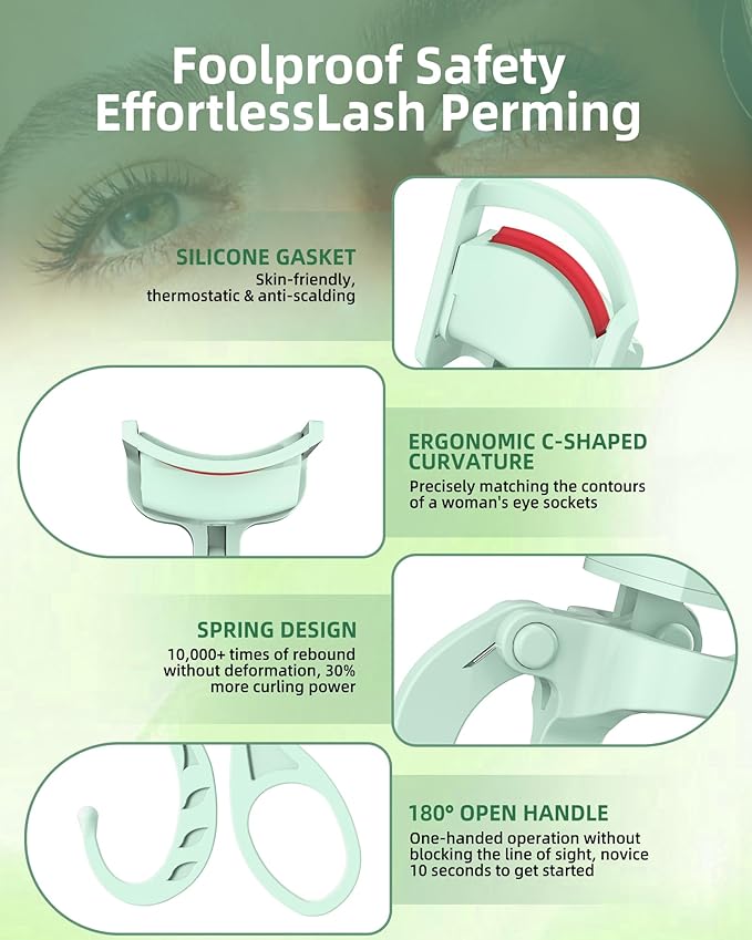 Heated Eyelash Curler, 5s Fast Heating Electric Eyelash Curler, Safe Anti-Burn Eyelash Curlers with Silicone Pad, Type-C Quick Charge, Intelligent Temp Control, 24H Long-Lasting Curls (Green)