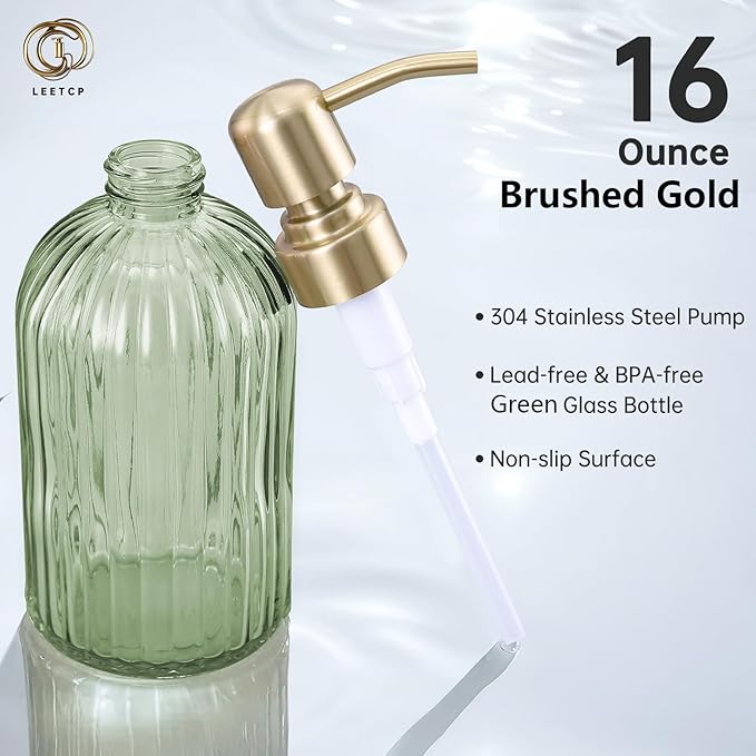 16Oz Green Glass Soap Dispenser with Rust Proof Stainless Steel Pump, Green Stripe Bathroom Hand Dish Lotion Dispensers with Brushed Gold Pump,Brushed Gold Glass Soap Dispenser,2 Packs