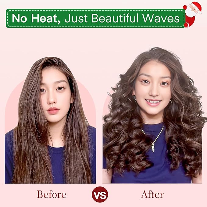 10 PCS Christmas Heatless Curls Overnight Hair Curler, 70" Overnight Curls Hair Curlers to Sleep In with Bonnet for Women Long Hair Volume, Heatless Curling DIY Set - Red