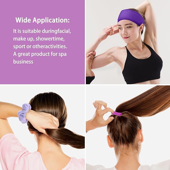 20 Piece Spa Set, Face Wash Headband and Wristband, Bubble Headband, Gifts for Ladies, Women's Headbands (Purple)