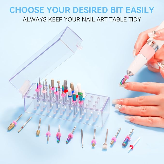 Makartt Nail Drill Bits Holder,Dustproof Stand Displayer Organizer Container Case 30 Holes drill bit holder nail tech Professional Nail art Tools(Not Inlcude Drill Bits,Clear)