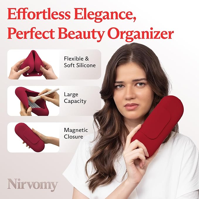 Travel Makeup Brush Holder, Silicone Makeup Brush Organizer, Dirt-Resistant Easy to Clean Makeup Brush Bag with Anti-Fall Out Magnetic Closure, Travel Essentials for Women (Wine)