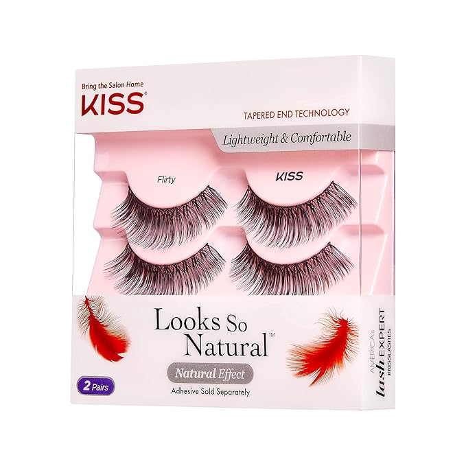 Kiss Looks So Natural False Eyelashes Double Pack, Lightweight & Comfortable, Tapered End Technology, Reusable, Cruelty-Free, Contact Lens Friendly, Style 'Flir', 4 Count (Pack of 1) Fake Eyelashes