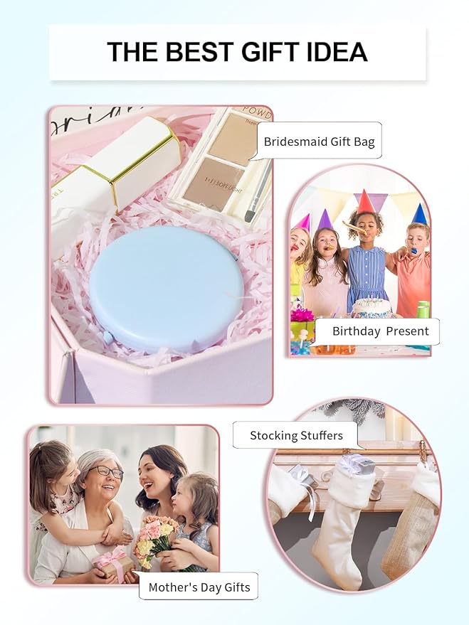 Compact Mirror for Purse, Set of 2 Double-Sided 1X/2X Magnifying Metal Pocket Makeup Mirrors(Round, Light Blue)