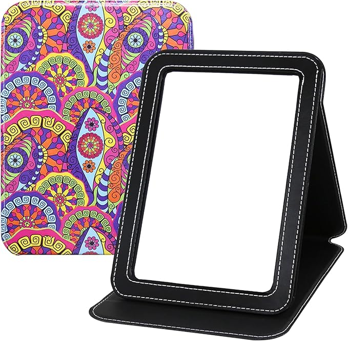 Large Foldable Travel Makeup Mirror, Adjustable Angle Portable Standing Vanity Mirror, Folding PU Leather Rectangular Rounded Corners Design for Desk Table Camping 9"x7"
