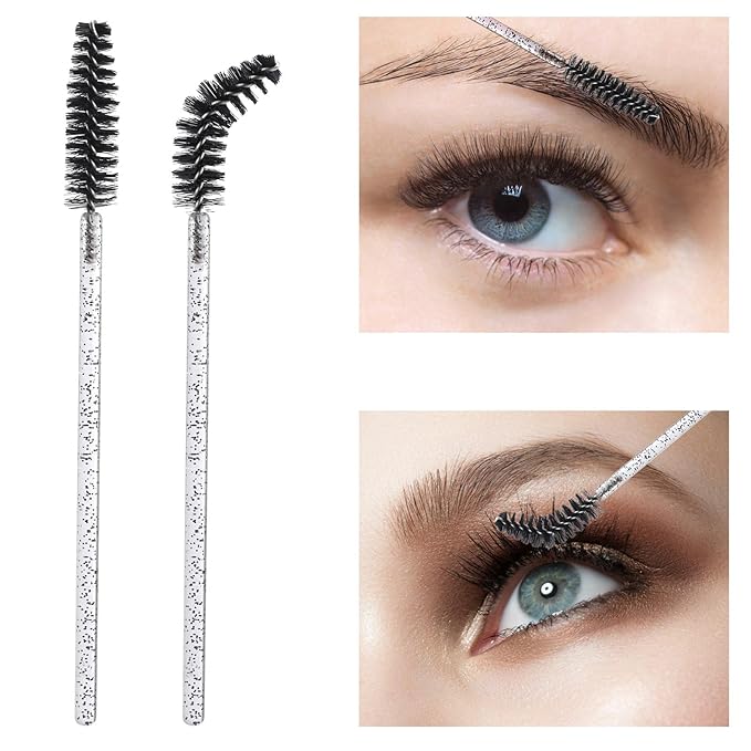 100 Pcs Disposable Mascara Wands, Crystal Eyebrow Spoolies Brush for Eyelash Extensions, Black Lash Brushes with Container
