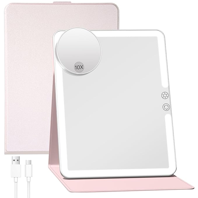 FUNTOUCH 2500mAh Large Rechargeable Travel Makeup Mirror with Lights, Portable Makeup Mirror with 10X Magnifying Mirror 3 Lighting Modes, Tabletop Folding Travel Mirror with PU Leather Cover (Pink)