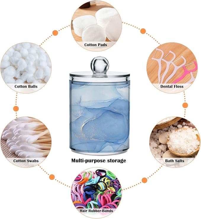 2 Pack Qtip Holder Dispenser Blue Marble Bathroom Storage Canister Lid Acrylic Plastic Apothecary Jar Set Vanity Makeup Organizer for Cotton Swabs/Pads/Floss