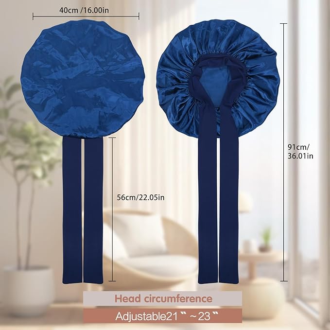Arqumi 2 Pcs Satin Silk Bonnet for Sleeping Women, Large Long Strap Tie Band Adjustable Sleep Night Cap Hair Bonnet Wrap for Men, Black+Navy Blue