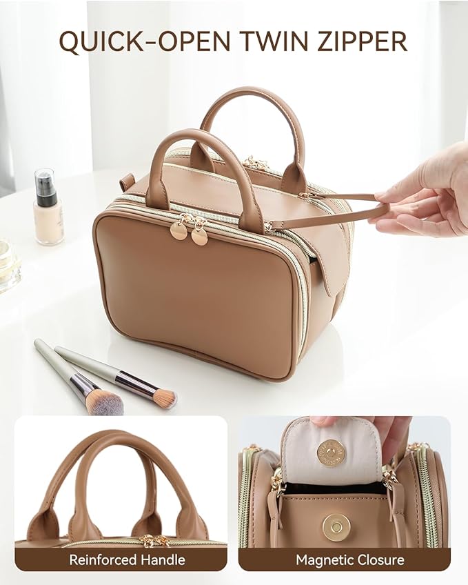 Prite Makeup Bag for Women, Large Capacity Waterproof Travel Cosmetic Organizer, Portable Open Flat Toiletry Bag with Free-standing Brush Holder and Handle(Brown Medium)