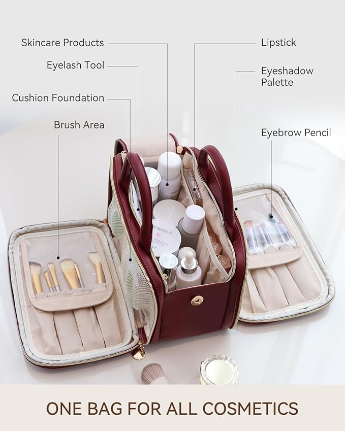 Prite Makeup Bag for Women, Large Capacity Waterproof Travel Cosmetic Organizer, Portable Open Flat Toiletry Bag with Free-standing Brush Holder and Handle (Burgundy Large)