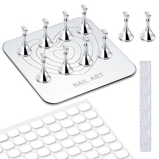 Nail Stand for Press Ons Display Practice for Acrylic Nails, Magnetic Fake Nail Tips Holder with Metal Base for Painting Tools, Designs with Reusable Double-Sided Tape for Home DIY Art Salon Supplies