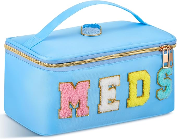 Geetery Clear Makeup Bag Chenille Letter Meds Bag Travel Cases Preppy Patch with Zipper, Portable Cosmetic Toiletry Storage case for Women(Meds,Blue)
