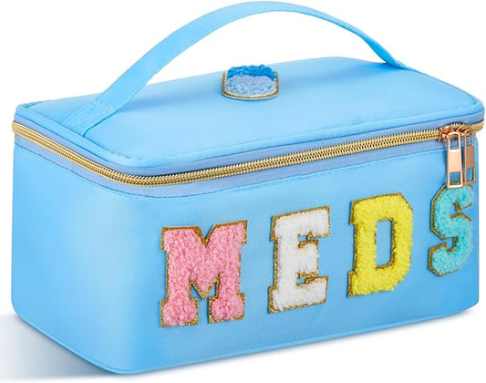 Geetery Clear Makeup Bag Chenille Letter Meds Bag Travel Cases Preppy Patch with Zipper, Portable Cosmetic Toiletry Storage case for Women(Meds,Blue)