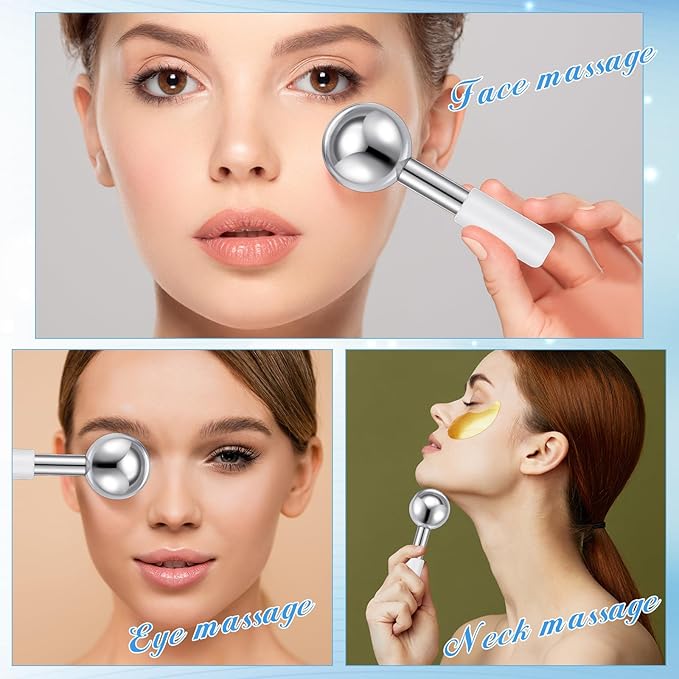 Baderke 2 Pcs Ice Globes for Face Stainless Steel Cooling Globes Unbreakable Cooling Roller Women Ice Balls Cryo Sticks Facials Skin Care for Dark Circles, Puffiness(Silver (White Handle))