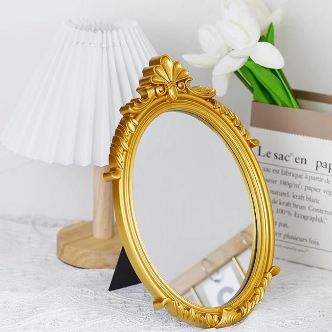 Decorative Vintage Oval Makeup Mirror with Gold Plastic Frame,Tabletop Mirror-7.5 x 11 inches