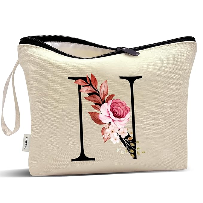 Vavabox A-Z Personalized Makeup Bag, Birthday Gifts for Women Mom, Gifts for Best Friend, Bride Bridesmaid Cosmetic bag (N, Yellow)