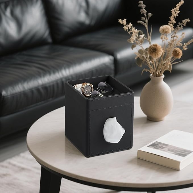 Tissue Box Cover, PU Leather Square Tissue Box Holder with Storage Tray for Bathroom Vanity Countertop Night Stands Bedroom Office Desk, Stylish Tissue Holder Decorative Organizer (Black)