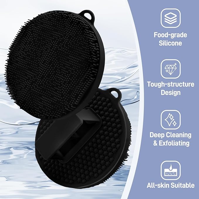 Silicone Body Scrubber 2PCS, Exfoliating Body Scrubber Shower Scrubber with Dense Bristles and Comfort Handle, Silicone Loofah Body Buffer for Good-Lathering & Deep-Cleansing(Blackx2)