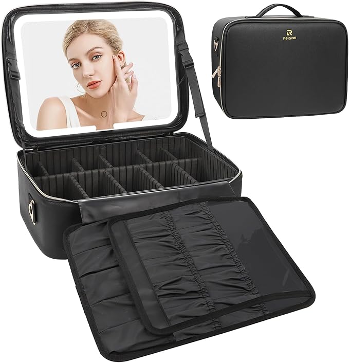 Relavel Makeup Case Large Makeup Bag with LED Mirror, Professional Train Case 16.2 inch, Travel Cosmetic Organizer Brush Holder Waterproof Makeup Artist Storage Box with Adjustable Strap