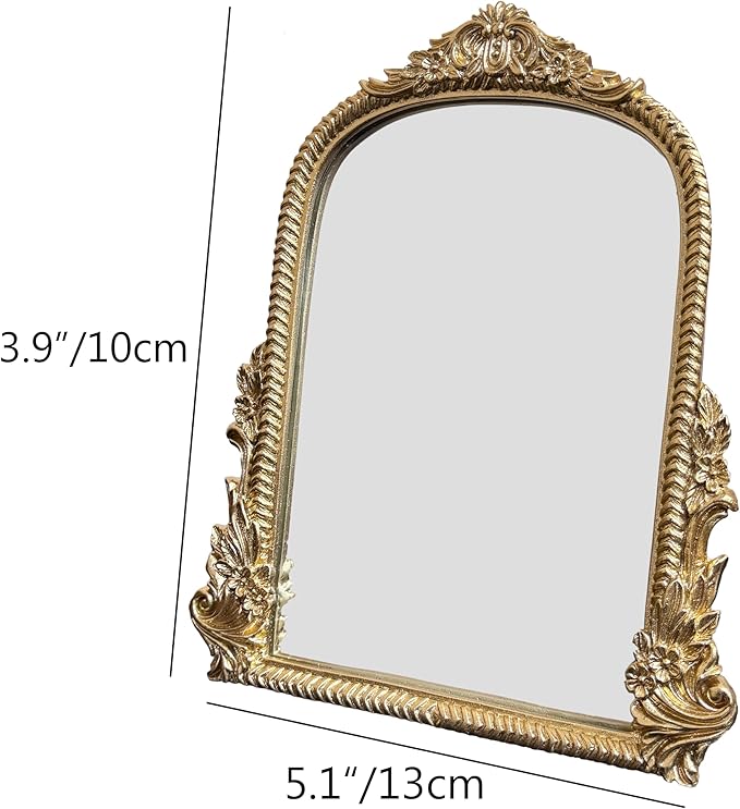 Baroque Gold Vintage Vanity Mirror 13x10 Inch, Wall-Mounted & Tabletop Dual-Use, Ornate Gold Accent Retro Decorative Mirror for Bedroom Dresser, Bathroom, Living Room and Dorm
