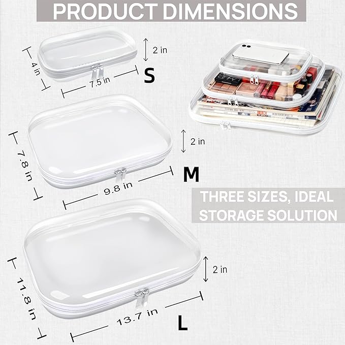 3PCS Clear Hard Plastic Zipper Case, Double Zippers Hard Pouch, Portable Travel Organizer Bin Clear Makeup Bag for Toy Storage, Snack Bag, Cosmetics, Pencil Case, Diaper Bag, Toiletry Bag (2M+1S)