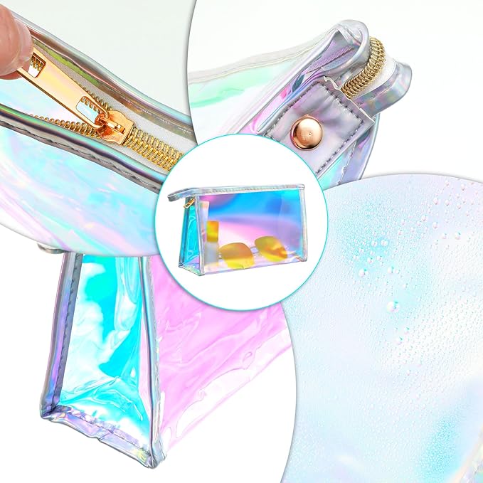 10 Pcs Holographic Makeup Bags Bulk, Iridescent Makeup Bag, Portable Zipper Toiletry Bag Clear Waterproof Holographic Cosmetic Bags, Women's Gifts