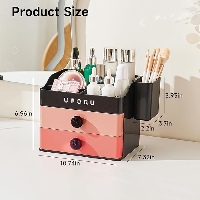Makeup Organizer for Vanity with Brush Holder, Countertop Skincare Organizer with 2 Drawers, Spacious Cosmetic Display Case for Perfumes, Eyeshadow Palettes, Nail Polishes
