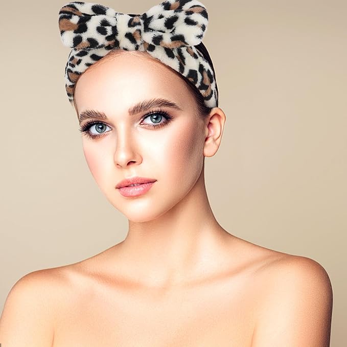 Casoty 8 Pack Leopard Spa Headbands - Soft Fleece Hair Bands for Face Washing, Makeup, Yoga & Skincare - Elastic Bow Design for Women & Girls