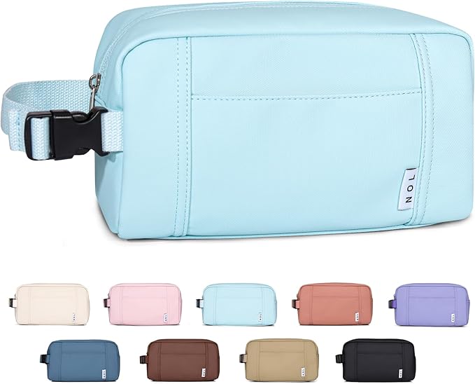 NOL Natural Organic Lifestyle Nylon Waterproof Makeup Bag Lightweight Travel Toiletry Bag for Adults, Reusable, Zip Closure with Buckle Handle, Snack Bag, Travel Cosmetic Bag,Light blue