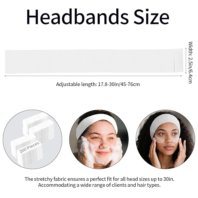 Meifuly 200PCS Disposable Headbands for Women, Soft & Stretchy Non-woven Fabric Spa Hairband for Makeup, Washing Face, Esthetician Salon Supplies, Travel