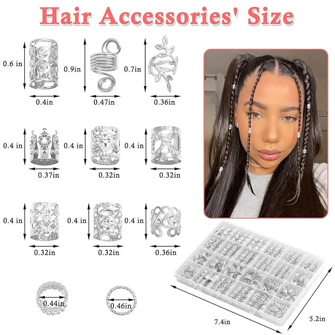 Lucomb 220 Pcs Silver Hair Jewelry for Braids, Loc Jewelry for Hairs Dreadlock, Hairs Charms for Women, Metal Braid Rings Cuffs Clips for Dreadlock Accessories Hair Braids Accessories Decorations