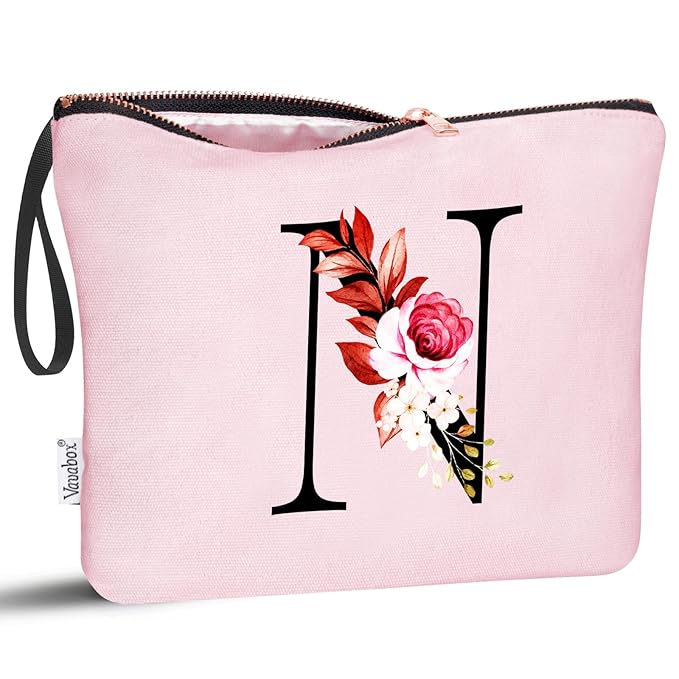 Vavabox A-Z Personalized Makeup Bag, Birthday Gifts for Women Mom, Gifts for Best Friend, Bride Bridesmaid Cosmetic bag (N, Pink)