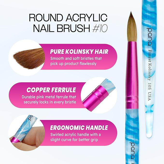 PANA USA Acrylic Nail Brush Pure Kolinsky Hair Acrylic White Swirl Blue Handle with Pink Ferrule Round Shaped - Size 10