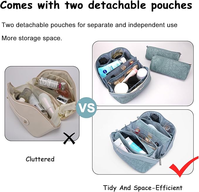 BOYATU Travel Makeup Bags Cosmetic Organizer Bag: 3 Pcs Set Large Capacity Floral Make up Bag with Compartments - Waterproof Leather Toiletry Bags with Handle for Women (01-Light Blue)