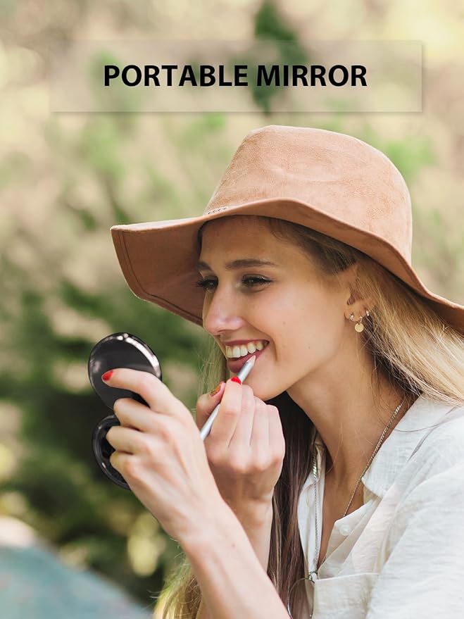 Compact Mirror for Purse, Double-Sided 1X/2X Magnifying Metal Pocket Makeup Mirrors(Round, Onyx Black)