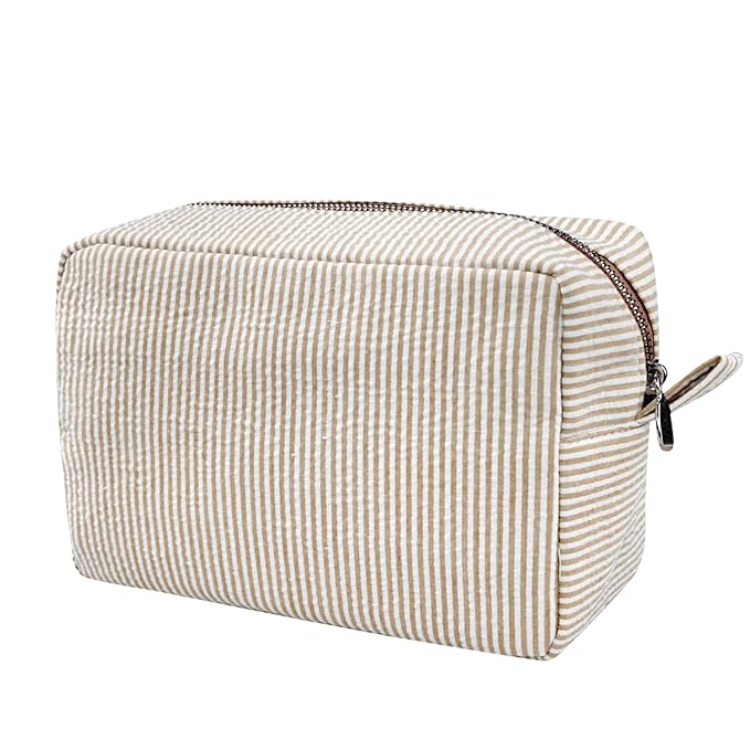 GFU Cosmetic Bags for Women, Seersucker Cosmetic Bag, Travel Toiletry Stripe Makeup Bag, Large Women Aesthetic Organizer Storage Pouch, Girls Handbags Purses, brown