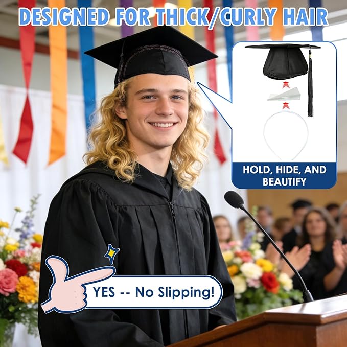 PUNCHMAN 2 Pack Graduation Cap Headband - Invisible All-Day Comfort Grad Cap Headband Insert - Secure Grad Hat Holder for Curly/Thick Hair - Anti-Slip Removable Graduation Hair Accessories,Clear