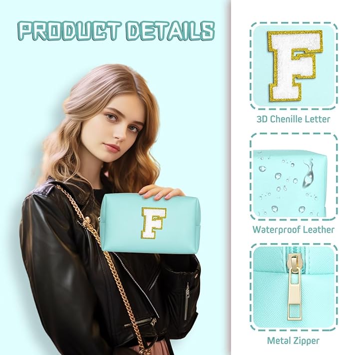 TOPEAST Preppy Makeup Bag, Cute Makeup Pouch PU Leather Waterproof Cosmetic Bag, Personalized Birthday Gifts for Mom Teacher Friends Bridesmaids Nurse, Trendy Stuff for Girls (Blue I)