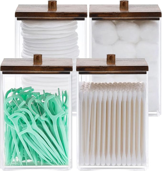 Tbestmax 12 OZ Cotton Swab/Ball/Pad Holder, Qtip Apothecary Jar, Clear Bathroom Containers Dispenser for Storage 4 Pack Black Wood Lids